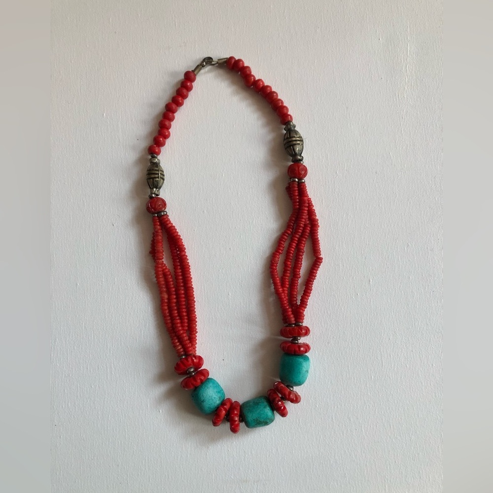 Red and Turquoise Beaded Necklace